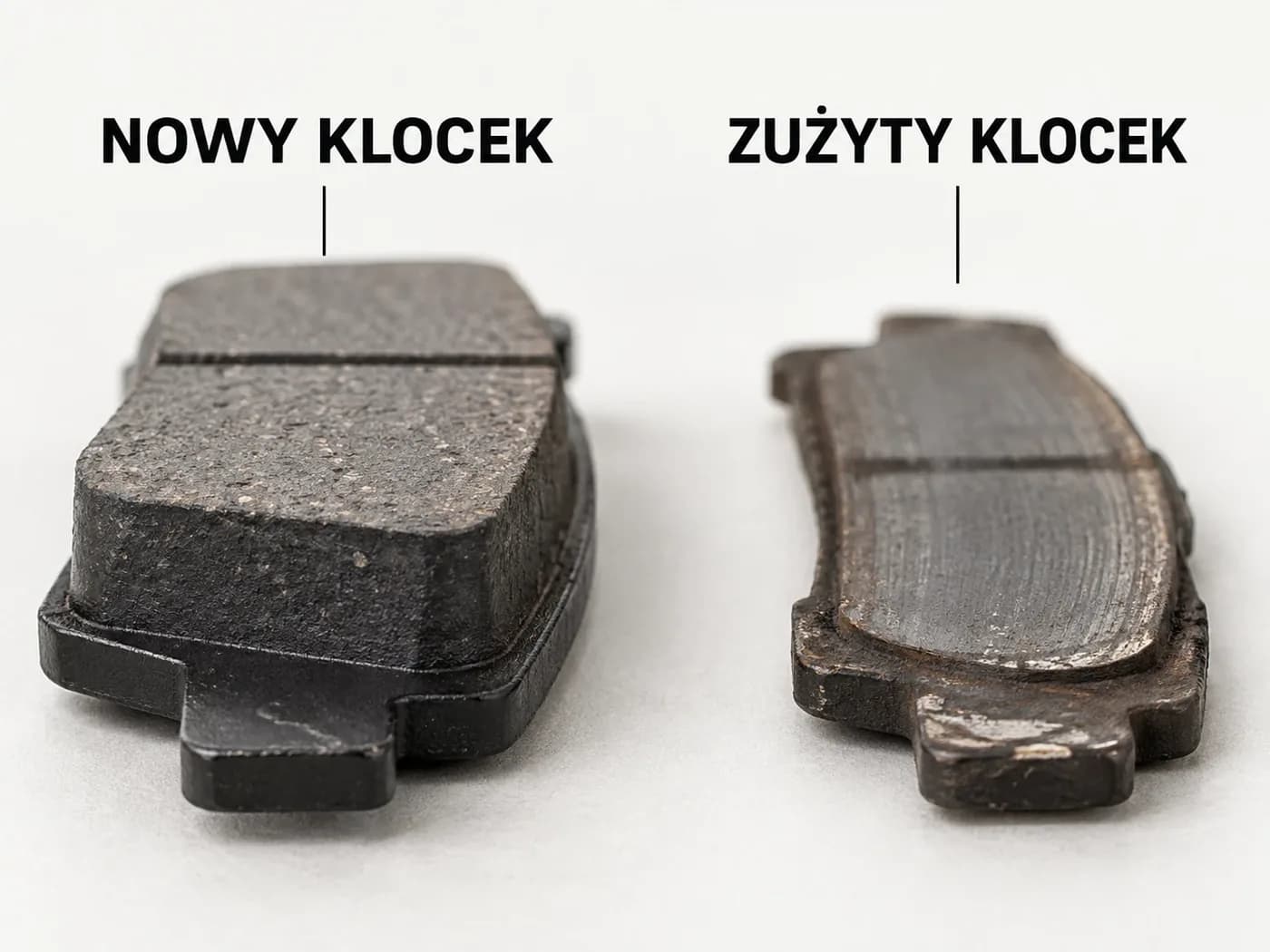 Porównanie nowego klocka hamulcowego z grubą okładziną i klocka zużytego, z okładziną startą niemal do płytki nośnej
