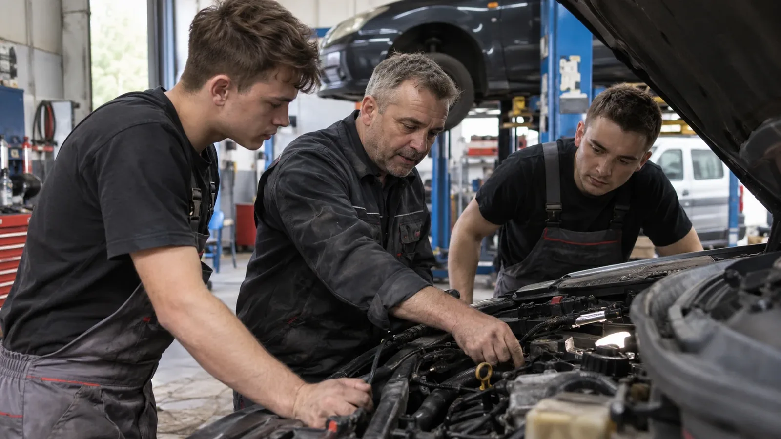 Doświadczony mechanik tłumaczy dwóm młodym uczniom budowę silnika nad otwartą maską samochodu w warsztacie